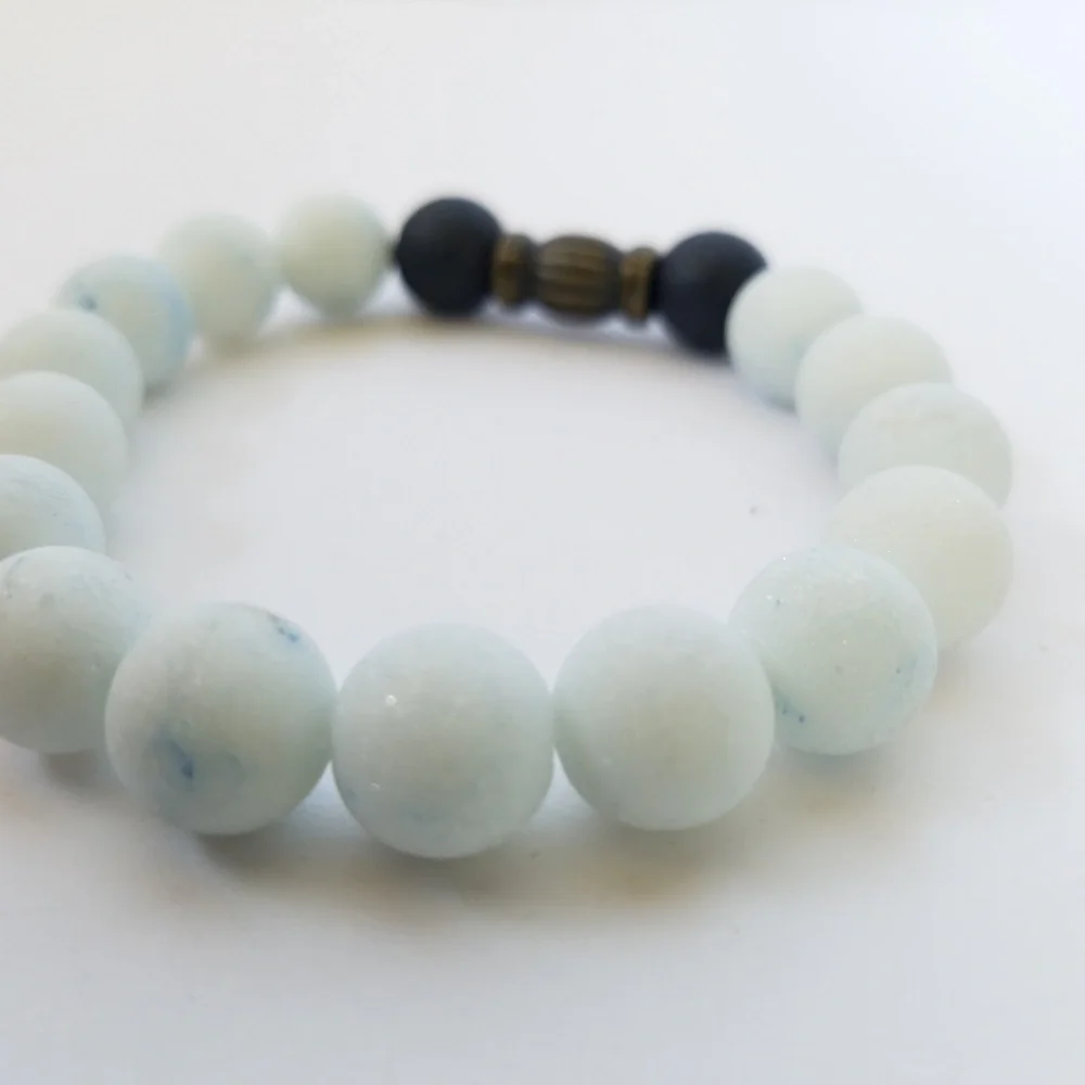 Hand Crafted Couple's Navy White Stone Beaded Bracelets Lava Stretch